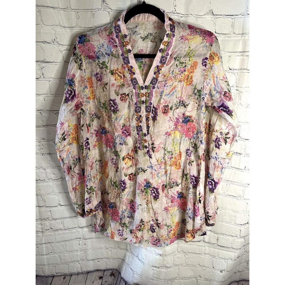 ChenOne Women‎ Floral Embroidered Cotton Silk Tunic Blouse Multi-Color Size S